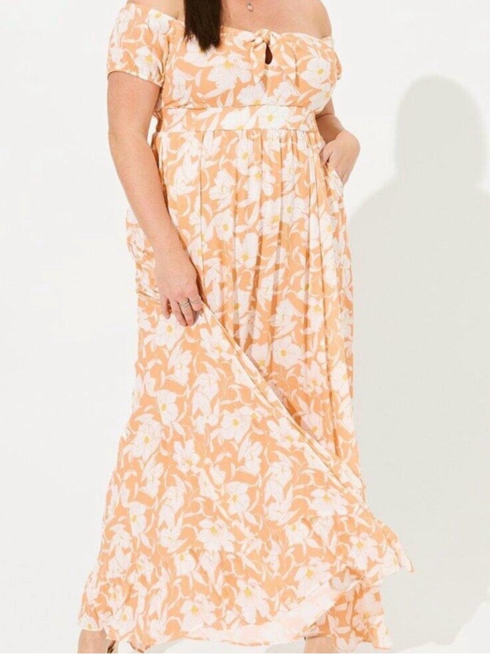 Torrid Charlotte Floral Gauze Off-Shoulder Maxi Dress Peach White Plus Sz 2 / 2X